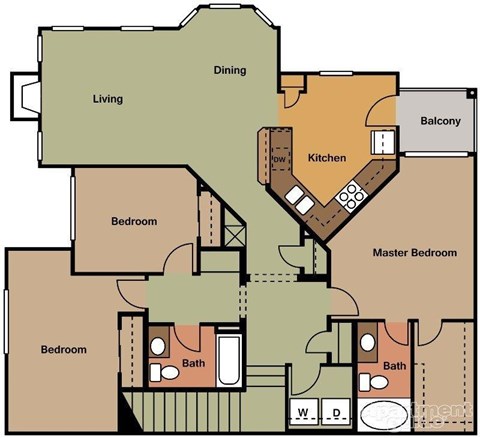 A floor plan of a house with a living room, dining room, kitchen, two bedrooms, two bathrooms, and a balcony.